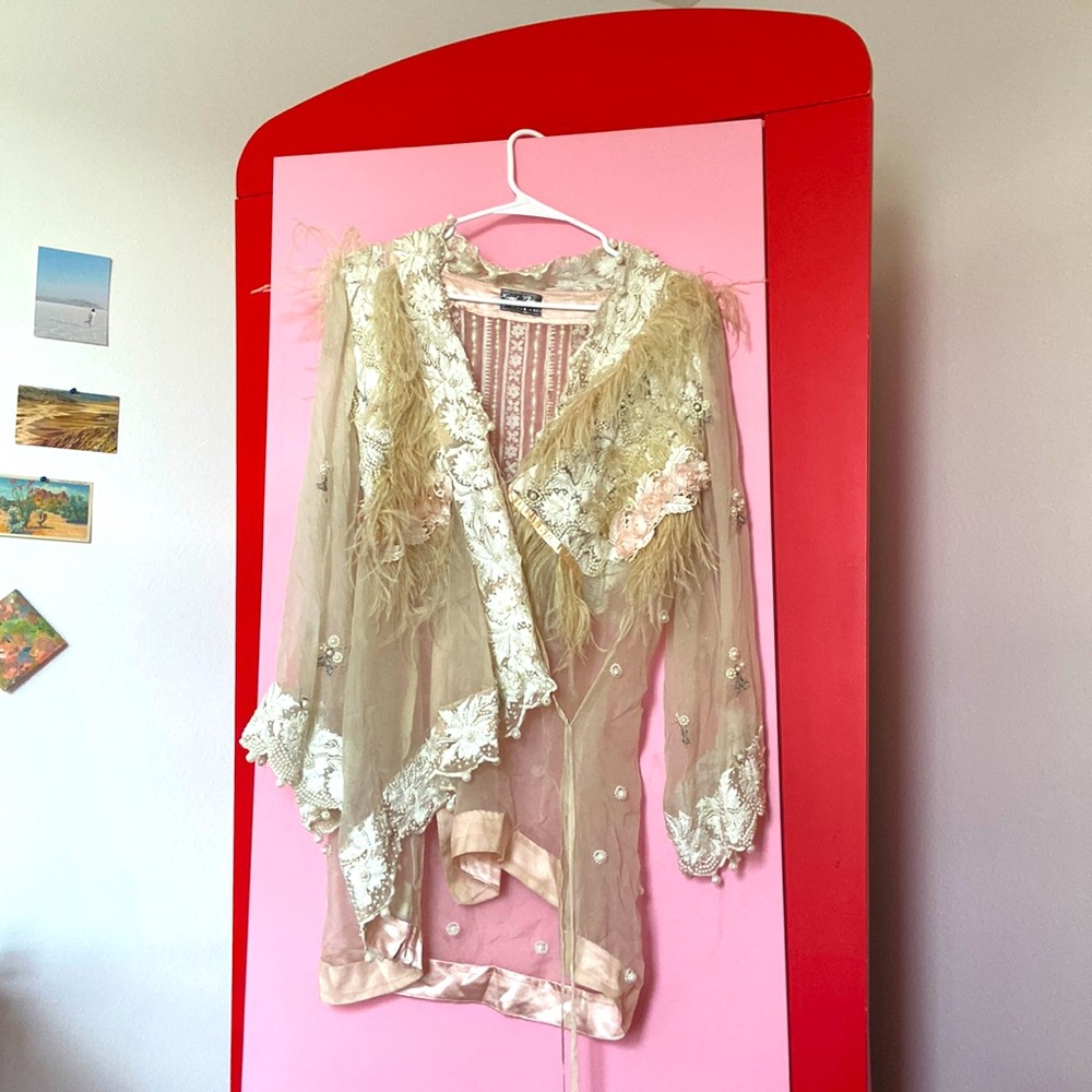 Vintage Beaded / Feather / Embroidered Sheer Lace Bridal Robe